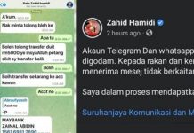 Akaun Telegram, WhatsApp Zahid Hamidi digodam untuk minta wang
