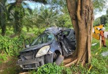 மரத்தில் கார் மோதியதில் கணவர் மரணம், மனைவி காயம்