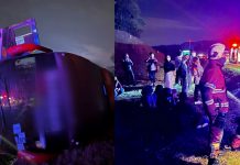 28 பயணிகளுடன் சென்ற விரைவுப் பேருந்து கவிழ்ந்ததில் இருவர் காயம்