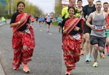 இங்கிலாந்தில் சேலை கட்டிக் கொண்டு 42 கிலோ மீட்டர் தூரம் மாரத்தான் ஓடிய இந்திய வம்சாவளி பெண்