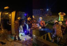 நெடுஞ்சாலையில் தடம் புரண்ட விரைவு பேருந்து