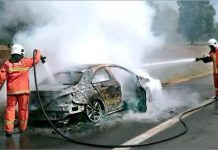 90% தீயில் அழிந்த சொகுசு கார்: ஓட்டுநரும் பயணியும் காயமின்றி தப்பினர்