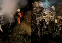 Individu rentung kereta terbabas, terbakar dalam parit