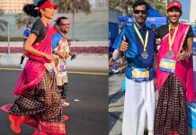 மாரத்தான் ஓட்டம்: பாரம்பரிய உடையில் ஓடி தமிழக தம்பதியினர் சாதனை