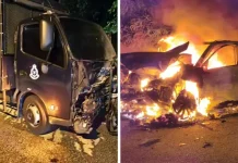 Kereta terbakar bertembung lori polis