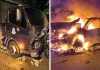 போலீஸ் லோரி மீது மோதிய கார் தீயில் அழிந்தது