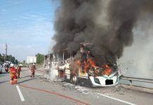 வடக்கு – தெற்கு நெடுஞ்சாலையில் இன்று காலை திடீரென தீப்பற்றி எரிந்த சுற்றுலா பேருந்து