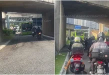 மோட்டார் சைக்கிள் பாதையில் தவறாக நுழைந்ததால், ஜேபி சுங்கக் கட்டிடத்தின் உயரத் தடையில் மோதிய சிங்கப்பூர் பேருந்து