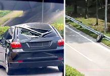 SKVE மேம்பாலத்தில் இருந்து விலகிச் சென்ற லோரி டயர், புரோட்டான் சத்ரியா மீது மோதி விபத்து