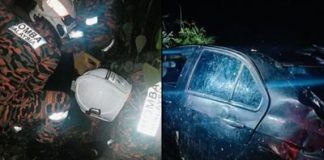 குட்டி யானை மீது பள்ளத்தில் விழுந்த கார்; வாகனமோட்டி காயம்